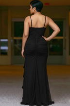 Spaghetti Strap Ruched Slit Fishtail Party Maxi Dresses-Black