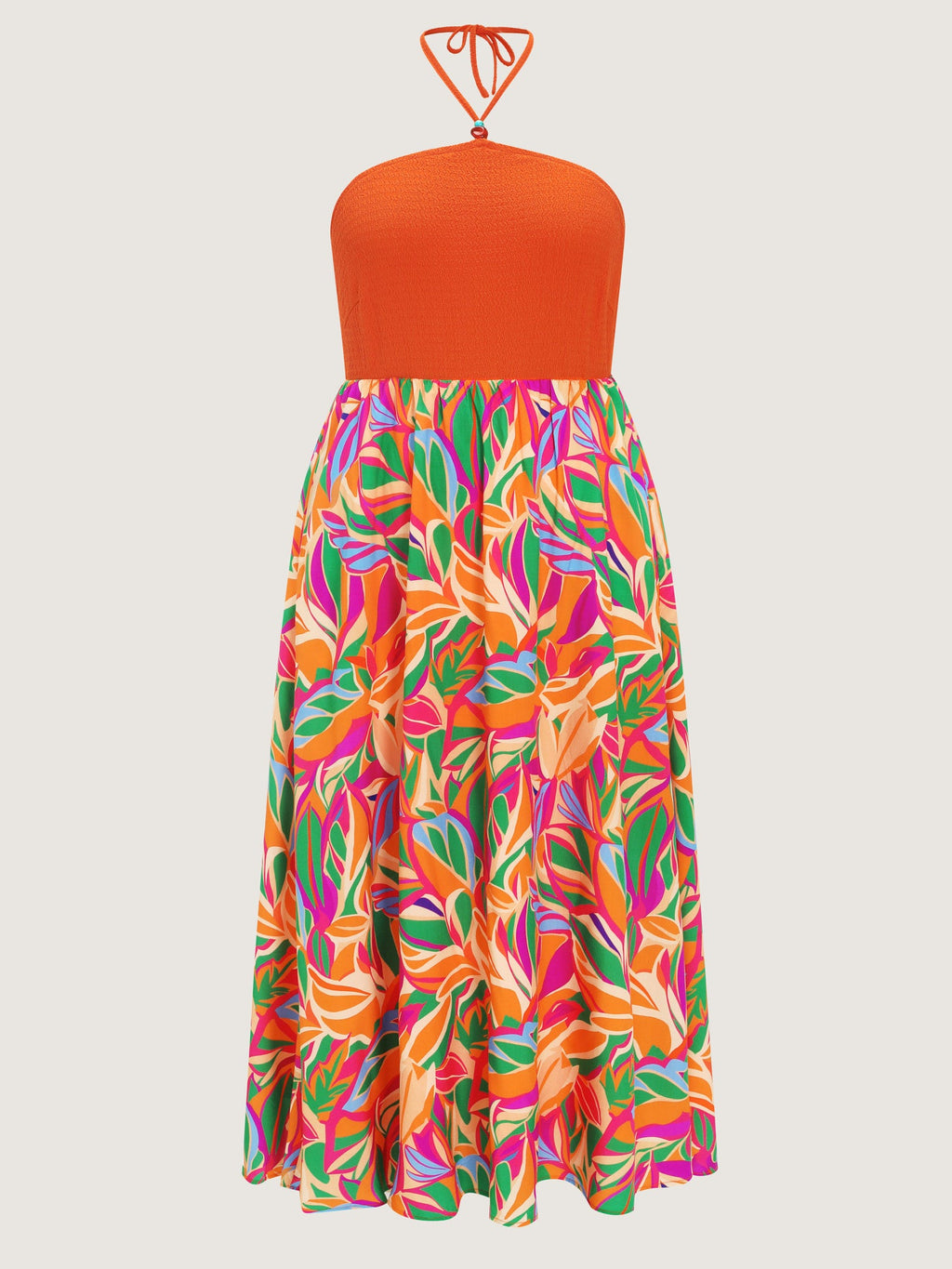 Tropical Floral Print Halter Neck Shirred Midi Dress