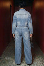 Turndown Collar Denim Pocket Slim Fit Casual Sets-Blue