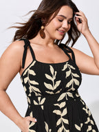Leaf Print Shirred Adjustable Tie Maxi Dress
