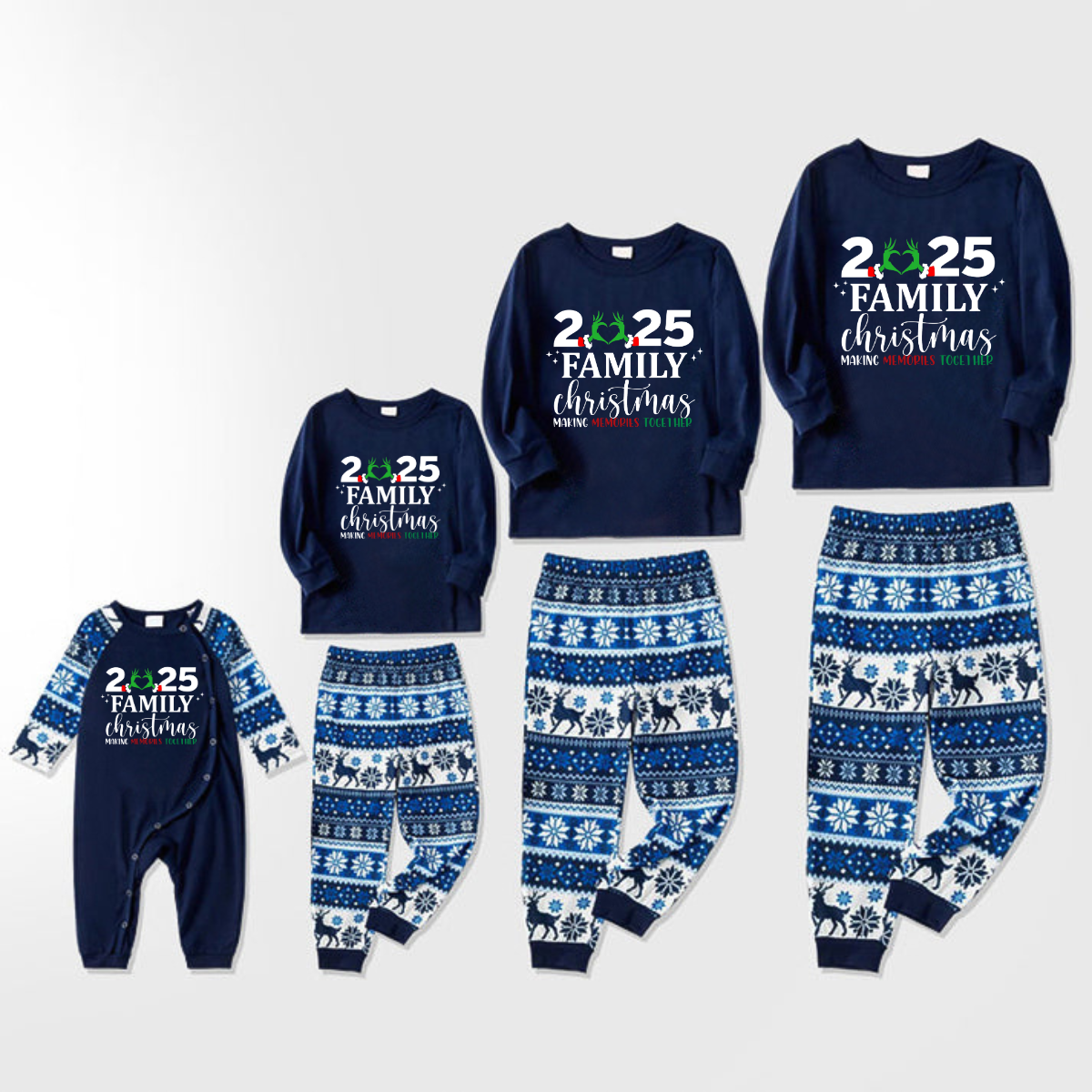 "2025 Family Chriatmas" Quirky Heart Letter Print Blue Long Sleeve Family Matching Pajamas With Dog bandana