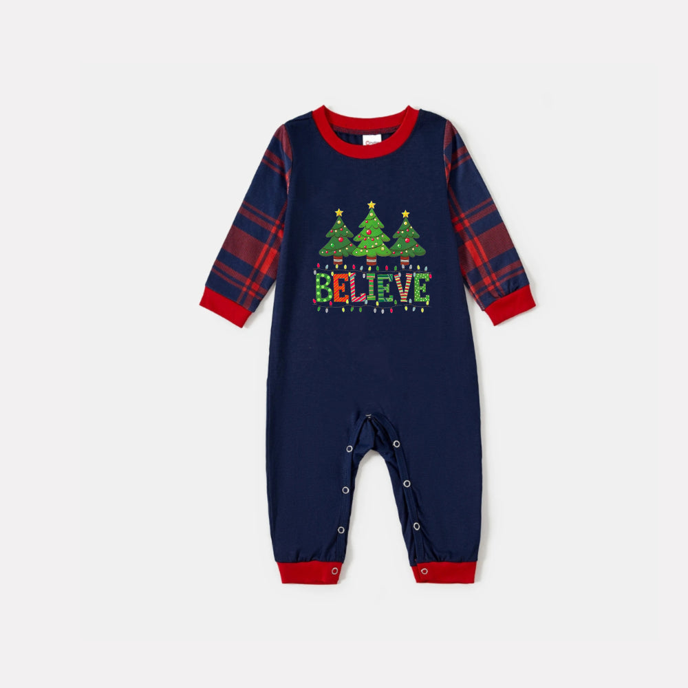 Christmas Family Matching Pajamas-Navy & Red Plaid Pjs Set with Christmas Tree and "Believe" Text Print