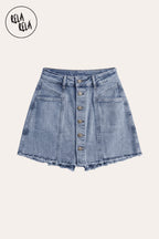 Multi-Button Stretchy Mid Rise Denim Skorts in Blue