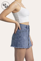 Multi-Button Stretchy Mid Rise Denim Skorts in Blue