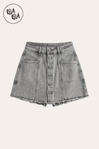 Multi-Button Stretchy Mid Rise Denim Skorts in Grey