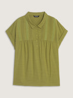 Collared Plain Pleated Half-Placket Blouse