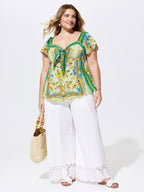 Lemon Print Color Contrast Knotted Front Top