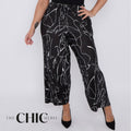 Black Line Art Abstract Print Wide-Leg Drawstring Palazzo Pleated Pants XPLUS(4XL-5XL)