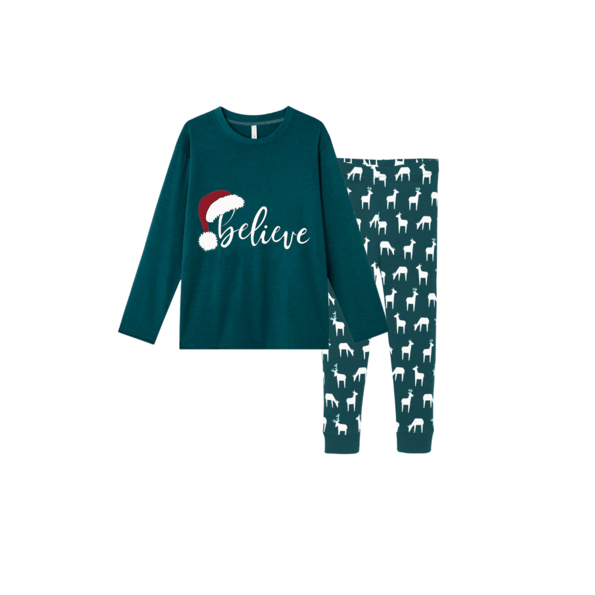 Christmas Family Matching Pajamas-Dark Green&Deer Patterned Pjs Set with Santa Hat and “Believe” Text Print