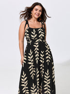 Leaf Print Shirred Adjustable Tie Maxi Dress