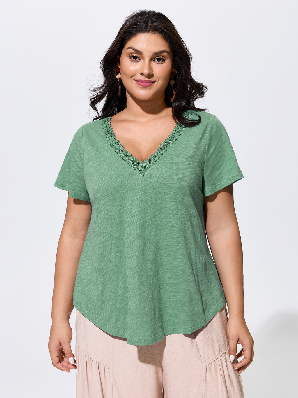 Cotton Supported Bra Stretchy V-Neck Plain T-Shirt