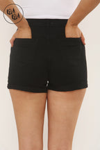 Stretch High Waisted Turn Up Denim Shorts in Black