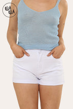 Stretch High Waisted Turn Up Denim Shorts in White