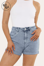 Stretch High Waisted Turn Up Denim Shorts in Light Blue
