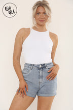 Stretch High Waisted Turn Up Denim Shorts in Light Blue