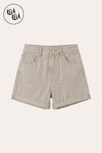 Stretch High Waisted Turn Up Denim Shorts in Beige