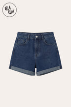Stretch High Waisted Turn Up Denim Shorts in Dark Denim