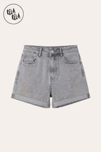 Stretch High Waisted Turn Up Denim Shorts in Grey