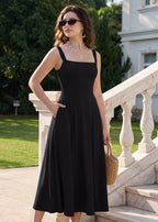 Women's Square Neck Sleeveless Flowy Maxi Dress with Pockets