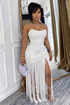 Strapless 3D Flower Fringe Patchwork Gowns Maxi Dresses-White