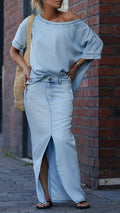 Women's Round Neck Tencel Denim Casual Suit