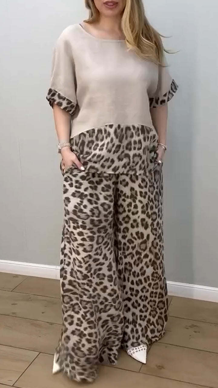 Women's Round Neck Leopard Print Cotton and Linen Casual Suit