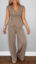 Women's V-neck Solid Color Waist Button Casual Suit