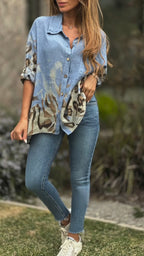 Ladies Lapel Breasted Printed Casual Top