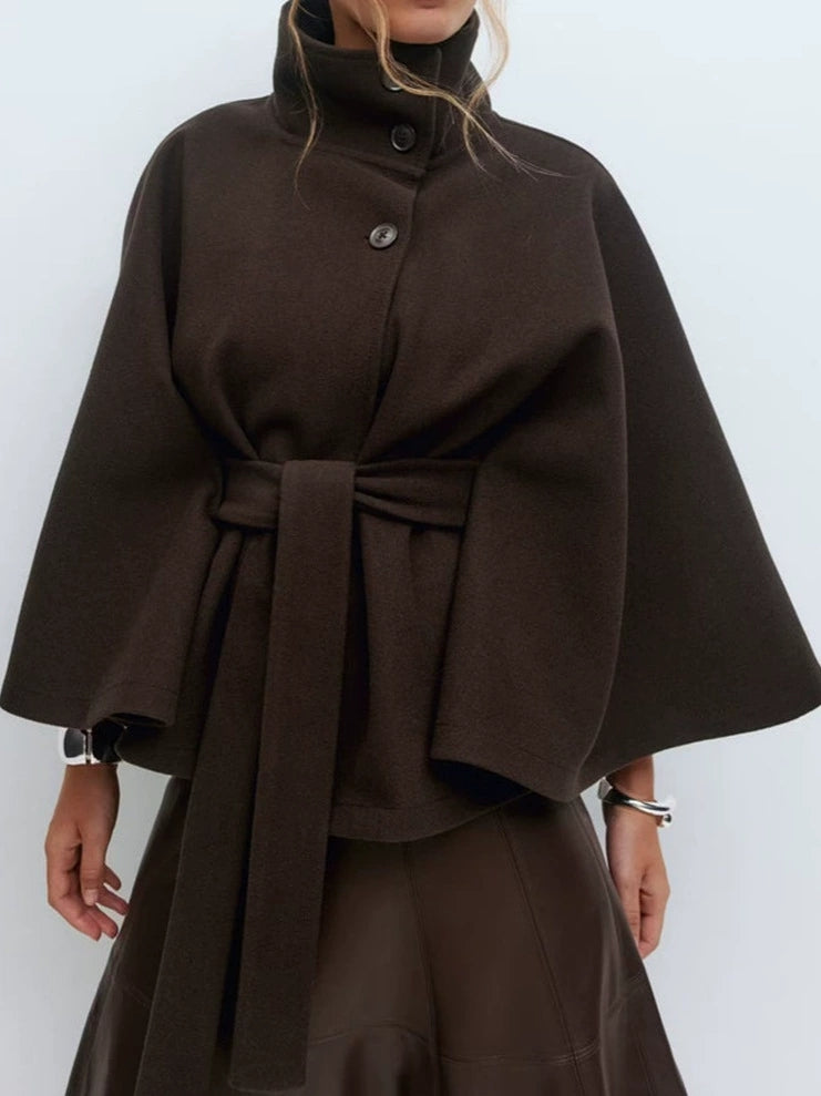 Ladies Standing Collar Cape Button Waistband Windbreaker Coat
