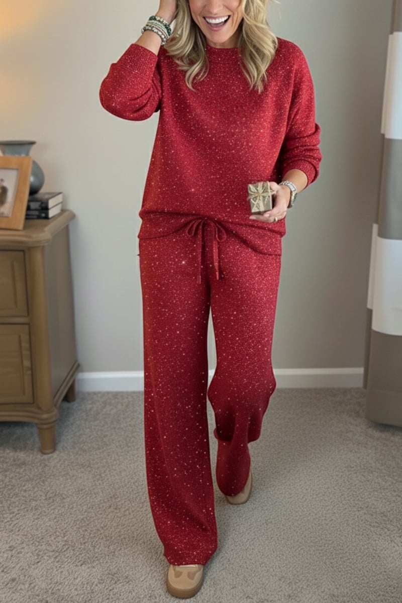 Women Round Neck Hot Diamond Flash Solid Color Casual Suit