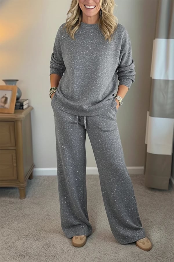 Women Round Neck Hot Diamond Flash Solid Color Casual Suit
