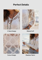 Casual Knit Hollow-Out 3/4 Batwing Sleeve Lightweight Summer Sweater