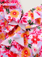 Floral Print Ruffled Neckline One-Piece Swim