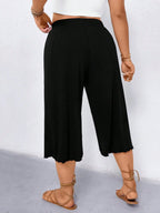 Women's Plus Size Wide Leg Capri Pants Scalloped Hem Culottes Smocked Elastic High Waist Cropped Trousers Casual Summer Lounge Flowy Trendy
