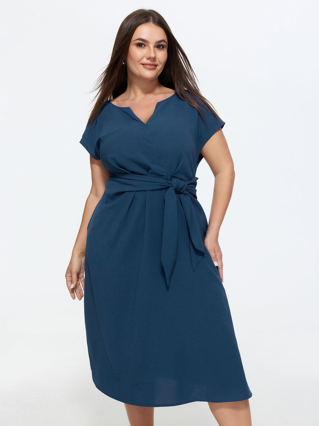 Split Neckline Side Waist-Tie Midi Dress