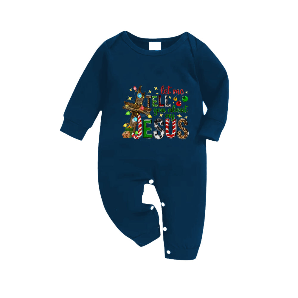Christmas Family Matching Pajamas-Navy & Sky Blue Plaid Pjs Set with "Let Me Tell You About My Jesus" Print
