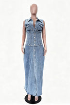 Denim Turndown Collar Sleeveless Slit Slim Fit Casual Maxi Dresses-Blue