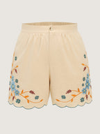 Cotton Colorful Floral Embroidered Pockets Shorts