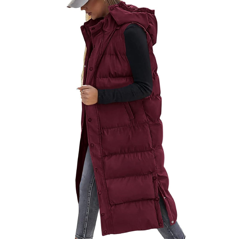 Women's Long Puffer Vest with Quilted Hood & Button Down Closure