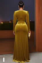 Plunging V Neck Ruched Slit Velvet Party Maxi Dresses-Green
