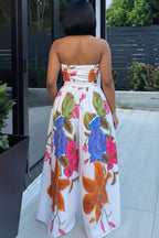Strapless Bow Top High Waist Wide Leg Pants Casual 2pcs Set-White