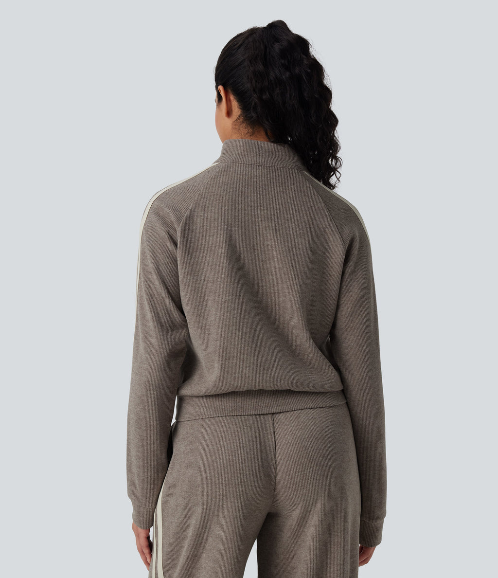 Ribbed Stand Collar Long Sleeve Zipper Color Block Casual Jacket with Pockets