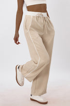 Smocking High Waist Drawstring Contrast Trim Casual Wide Leg Pants-Apricot