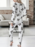 Bow Print V-Neck Long Sleeve Top & Tie Waist Pants Set