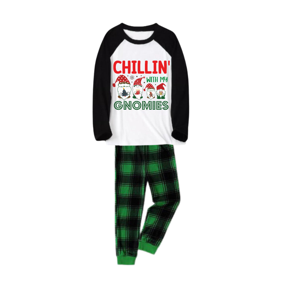 Black Raglan Top Green Plaid Christmas Pajamas Set With Gnomies and Holiday Lettering