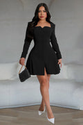 Button Up Cinch Waist Pleated Hem Long Sleeve Blazer Mini Dresses-White