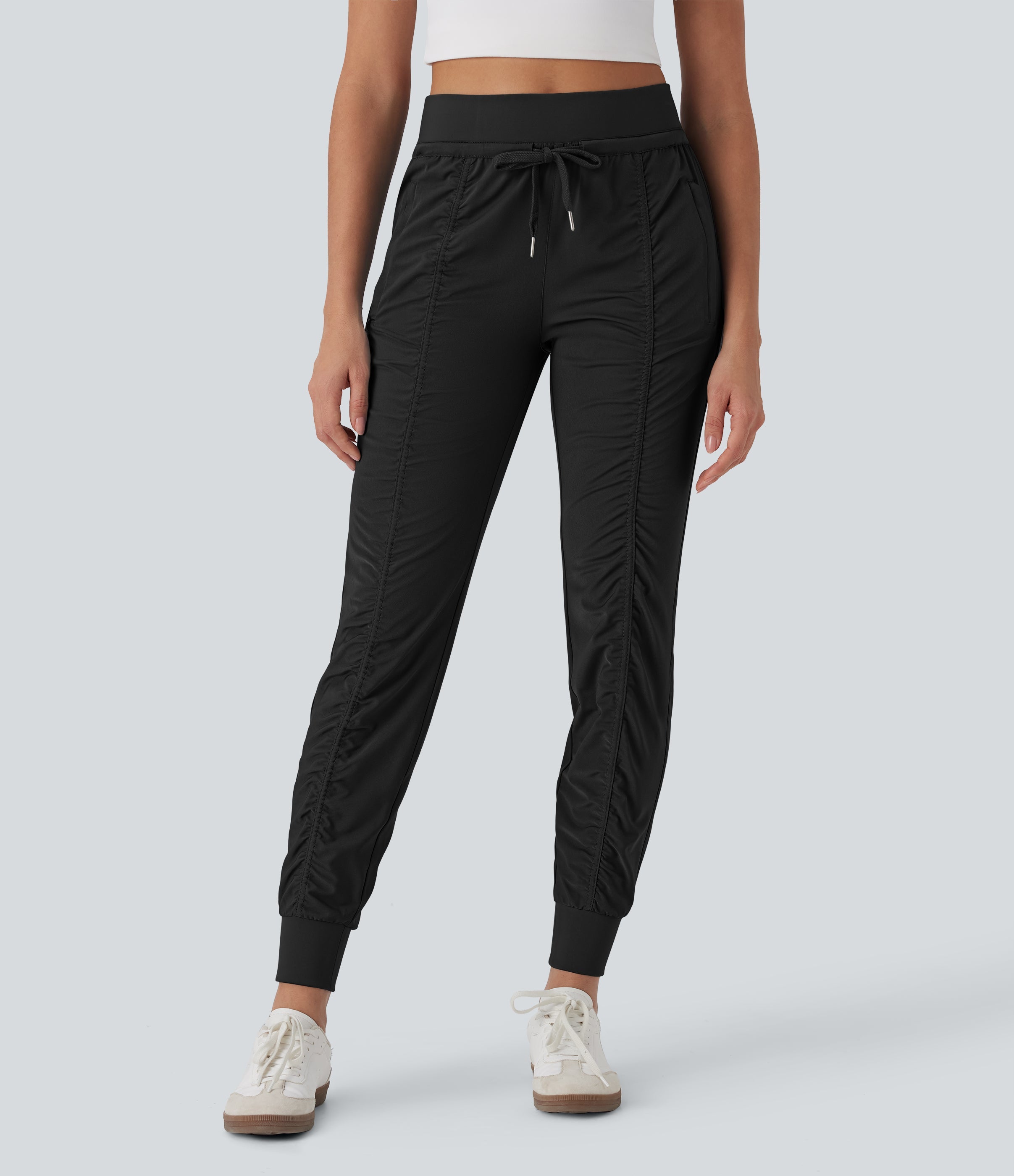 High Waisted Drawstring Tapered Travel Joggers with Side Zip Pockets