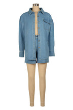 Denim Turndown Collar Long Sleeve Jacket Shorts Solid Color 2pcs Set-Blue