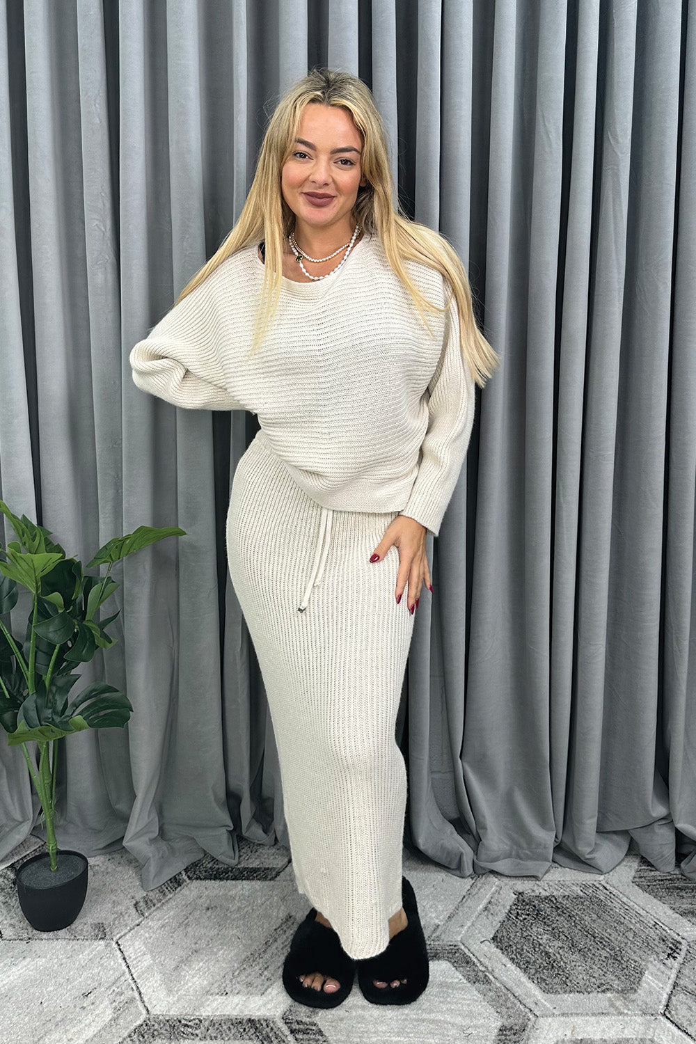 Cropped Batwing Jumper & Knitted Midi Skirt Set in Cream