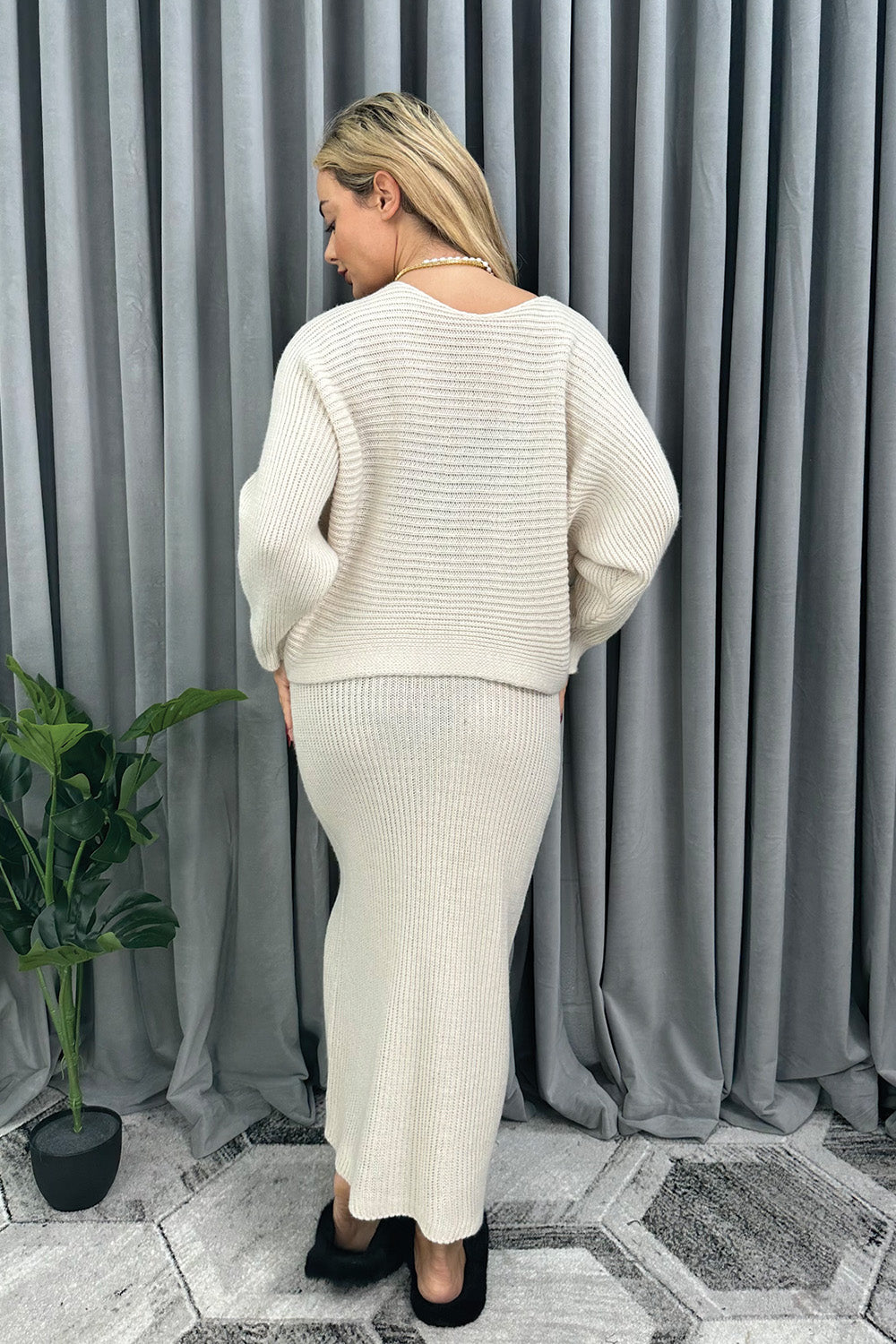Cropped Batwing Jumper & Knitted Midi Skirt Set in Cream